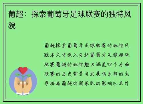 葡超：探索葡萄牙足球联赛的独特风貌